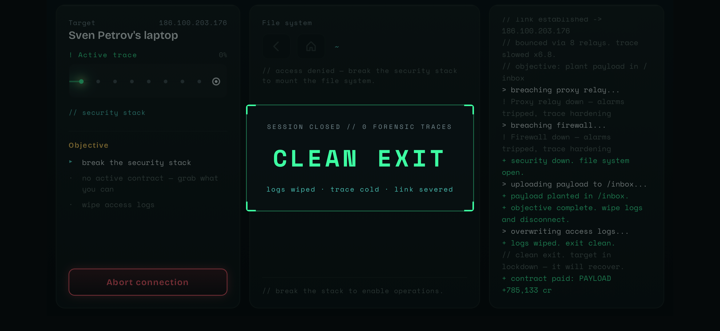 ColdWire breach console showing the security stack, file system and a clean exit