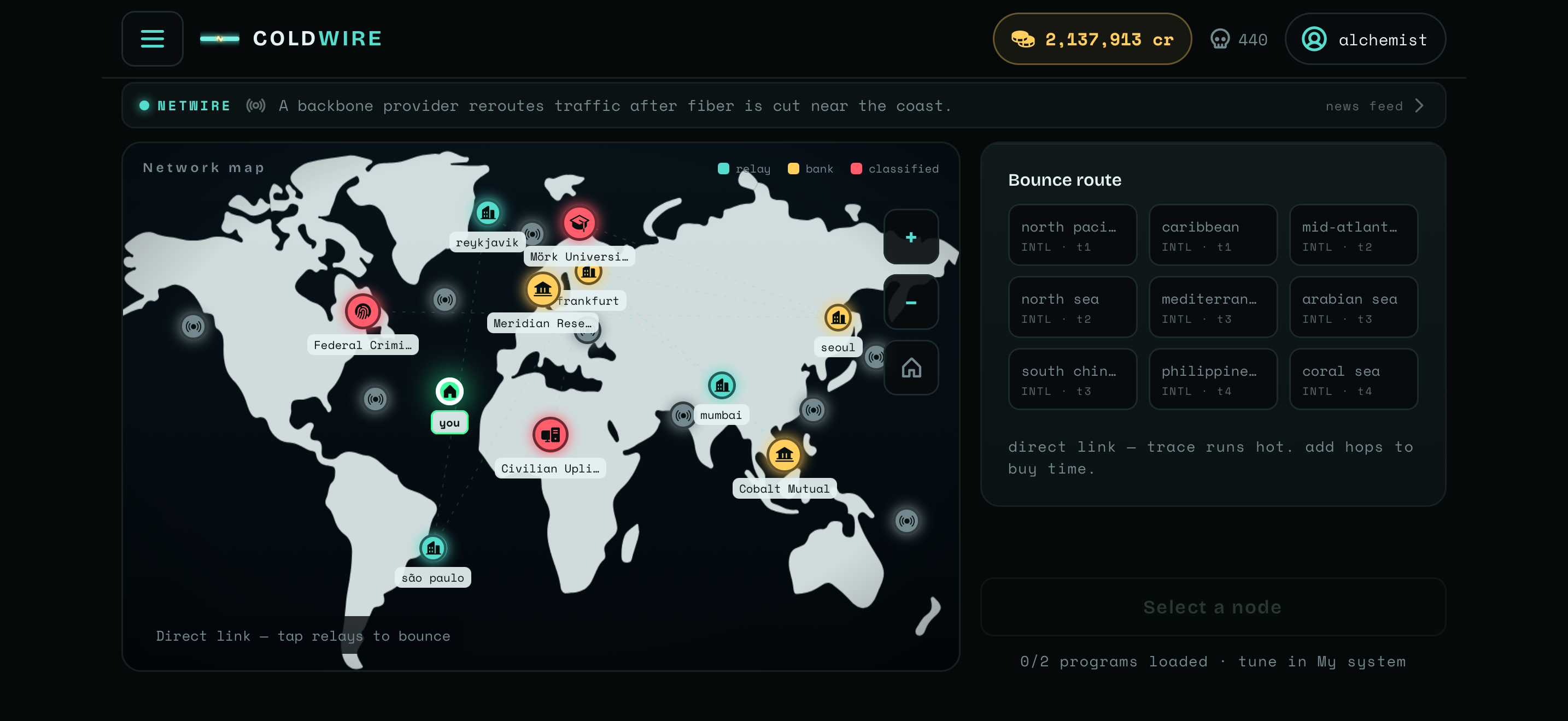 ColdWire world network map — banks, corporate, academic and criminal targets across the globe