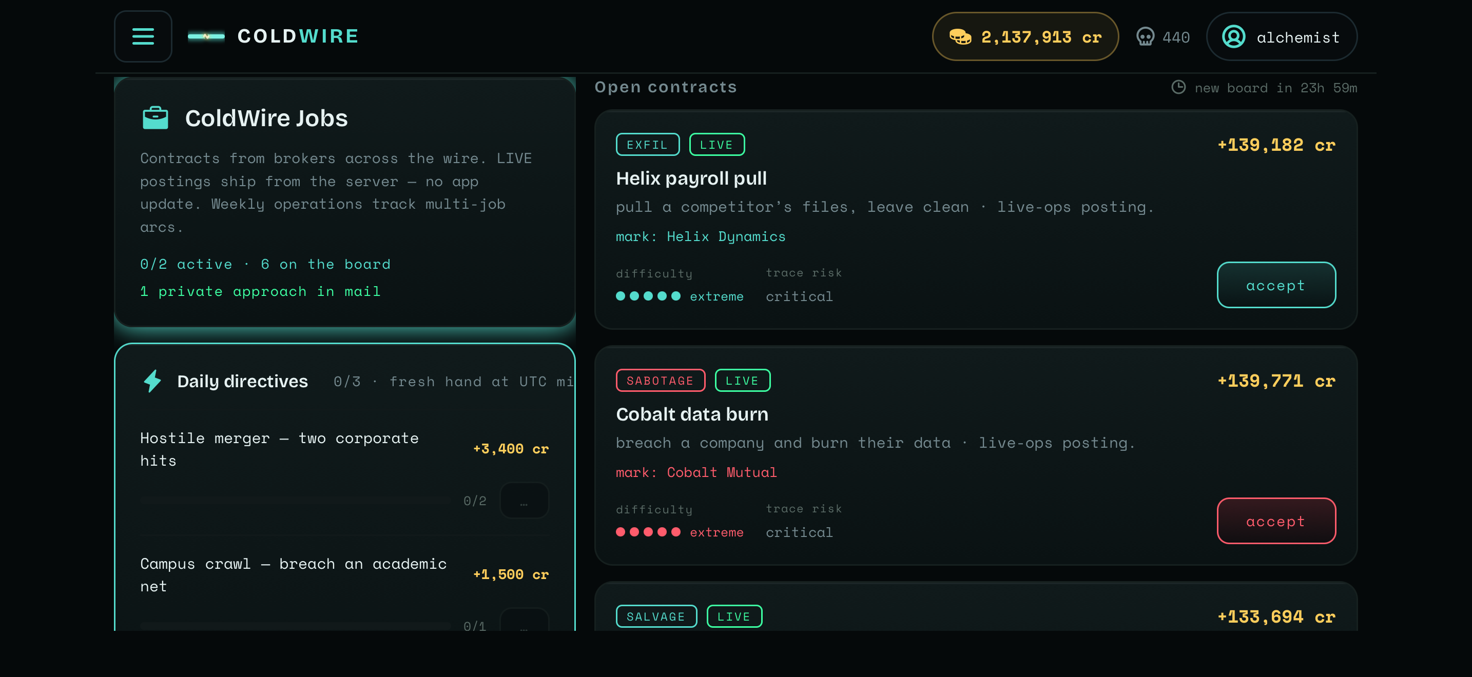 ColdWire jobs board with open contracts, difficulty and trace risk