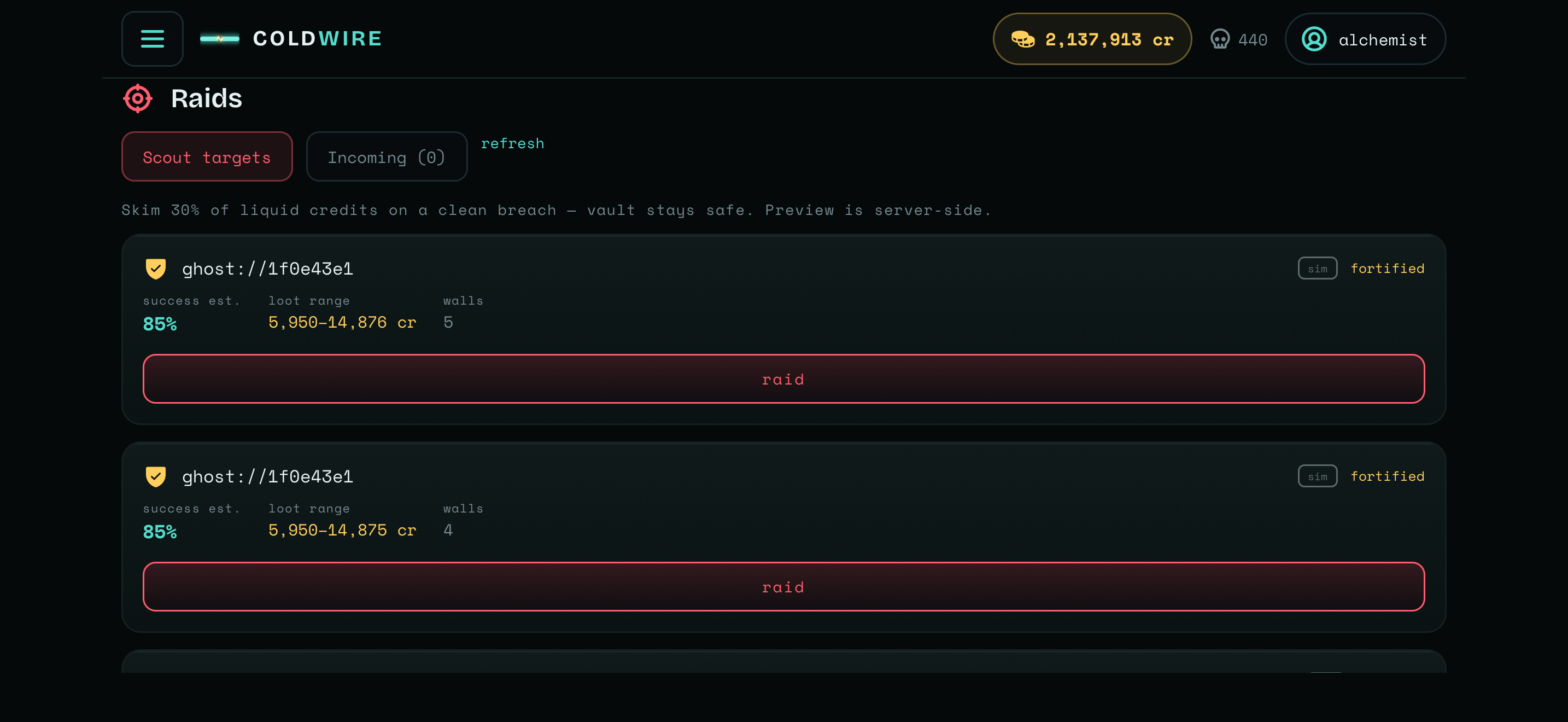 ColdWire raids screen showing scouted operator targets and success estimates